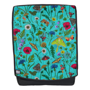 Wild flowers and moths on teal backpack