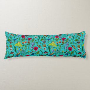 Wild flowers and moths on teal body pillow