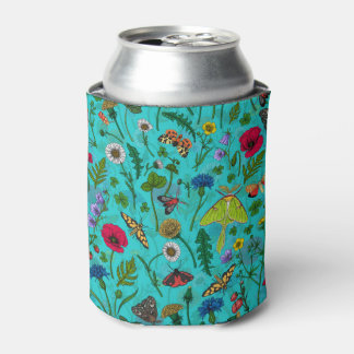 Wild flowers and moths on teal can cooler