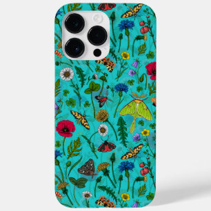 Wild flowers and moths on teal Case-Mate iPhone 14 pro max case