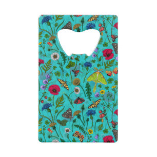 Wild flowers and moths on teal credit card bottle opener