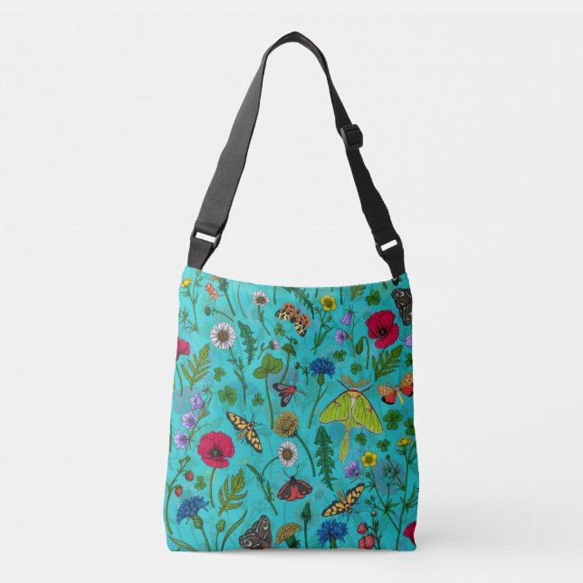 Wild flowers and moths on teal crossbody bag (Front)