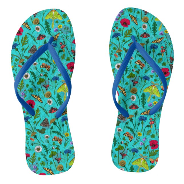 Wild flowers and moths on teal flip flops (Footbed)