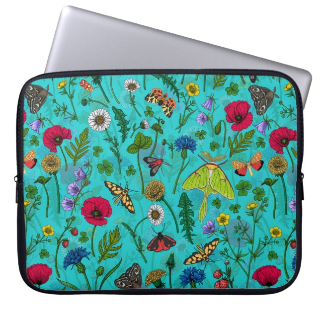 Wild flowers and moths on teal laptop sleeve (Front)