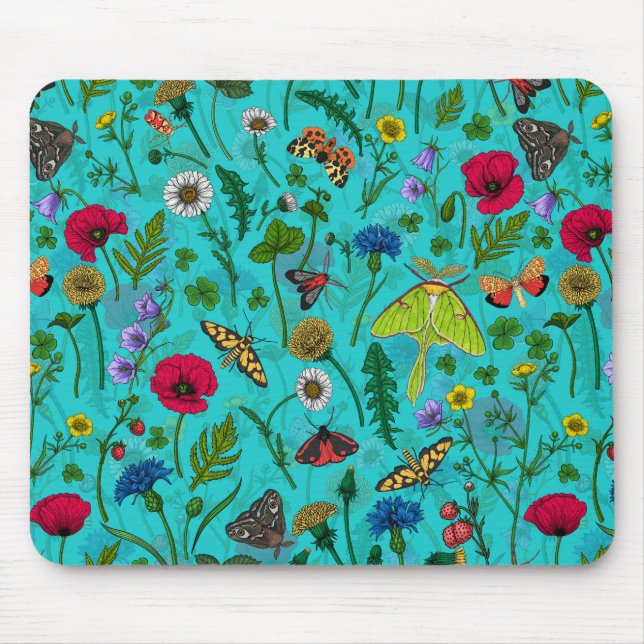 Wild flowers and moths on teal mouse pad (Front)