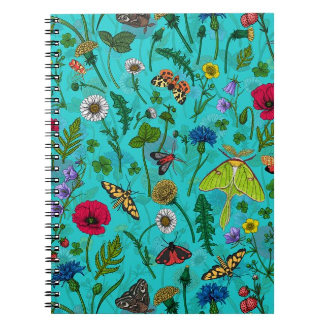Wild flowers and moths on teal notebook (Front)