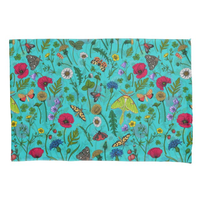 Wild flowers and moths on teal pillowcase (Front-Left)