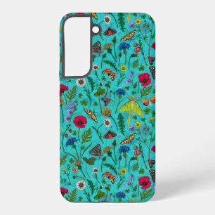Wild flowers and moths on teal samsung galaxy case