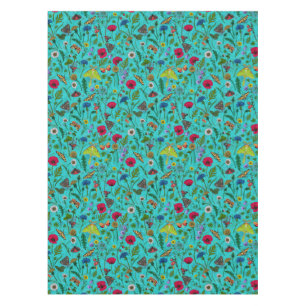 Wild flowers and moths on teal tablecloth