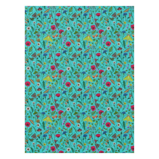 Wild flowers and moths on teal tablecloth (Front)