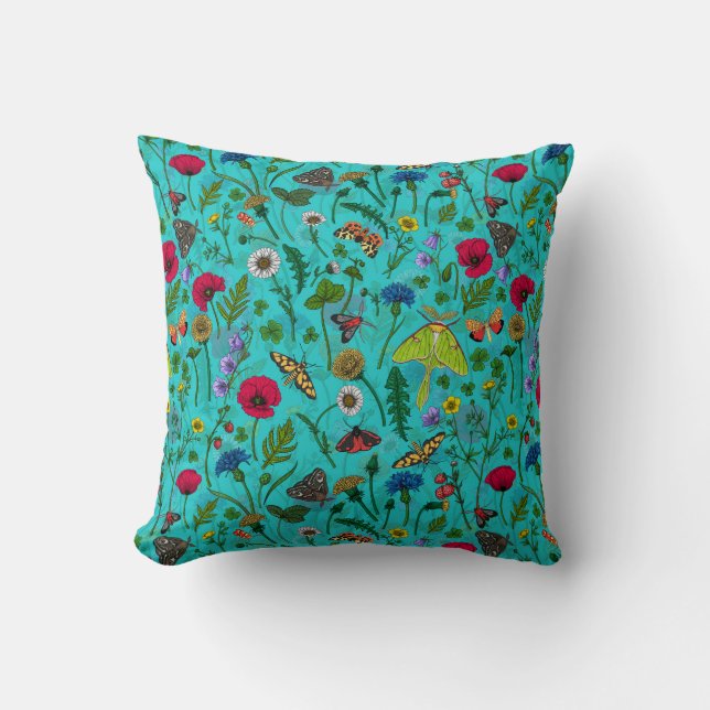 Wild flowers and moths on teal throw pillow (Front)