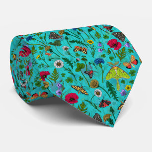 Wild flowers and moths on teal tie