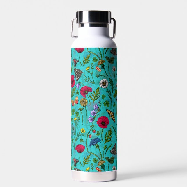 Wild flowers and moths on teal water bottle (Front)