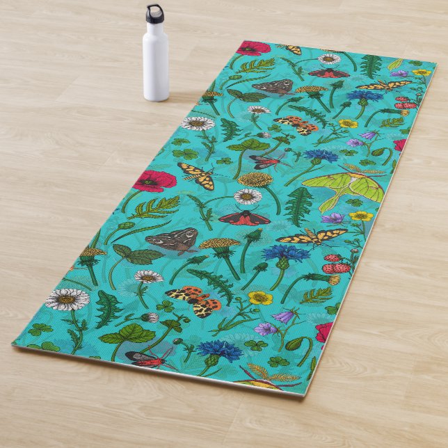 Wild flowers and moths on teal yoga mat (In Situ)