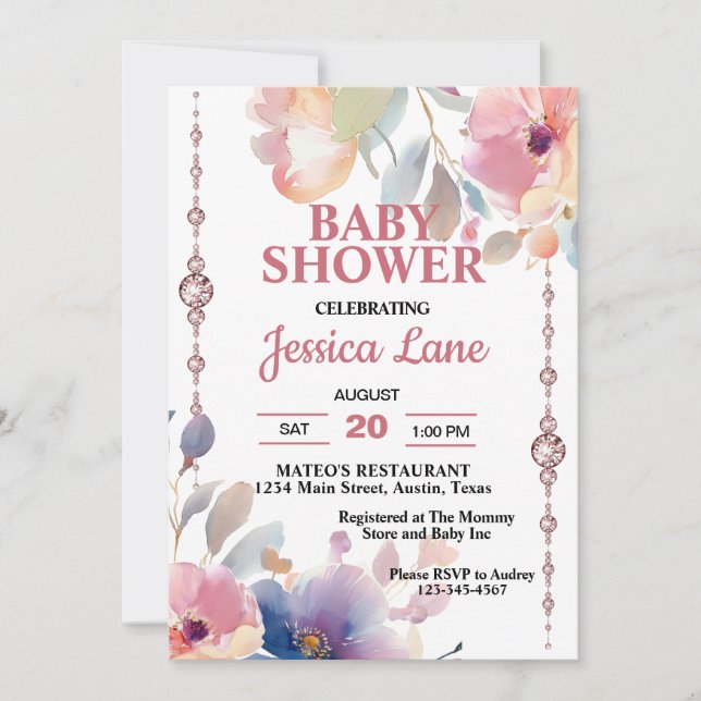 Wild Flowers and Pink Diamonds Girl Baby Shower Invitation (Front)