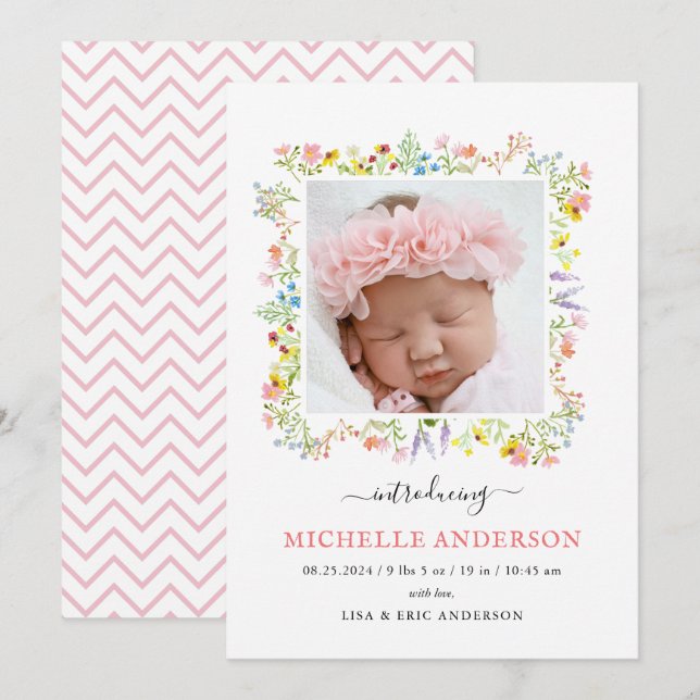 Wild Flowers birth announcement card (Front/Back)