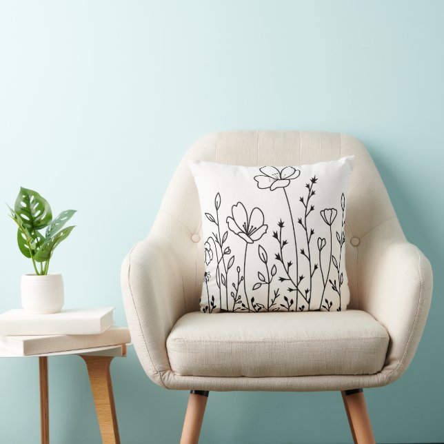 Wild Flowers Botanical Black White  Throw Pillow (Chair)