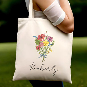 Wild Flowers Botanical Pattern Personalized Name Tote Bag
