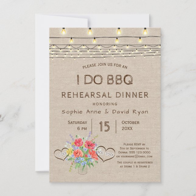 Wild Flowers Burlap I DO BBQ Rehearsal Dinner Invitation (Front)