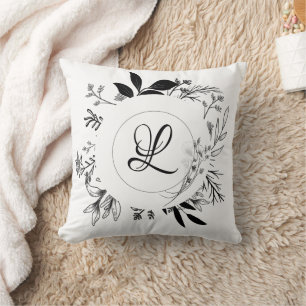 Wild Flowers Doodles Monogram Design Throw Pillow