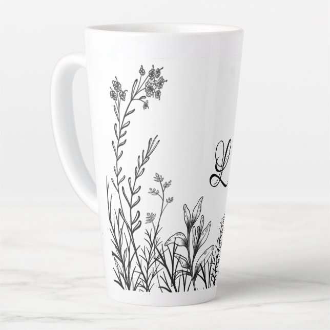 Wild Flowers Doodles Monogram Latte Mug (Left Angle)