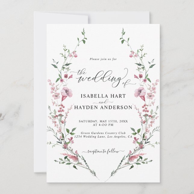Wild Flowers Dusty Pink All In One QR Code Wedding Invitation (Front)
