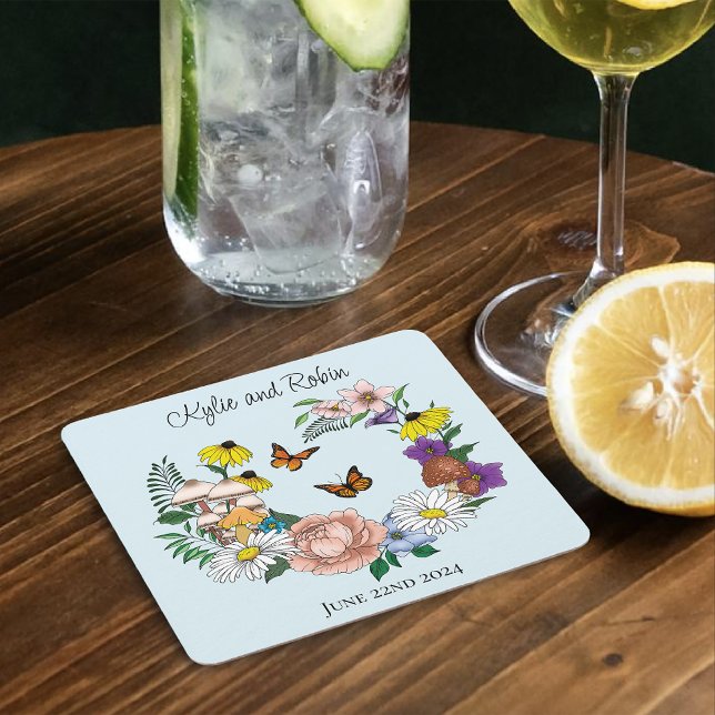 Wild Flowers Floral Blue Mushrooms Wedding Square Paper Coaster (Creator Uploaded)