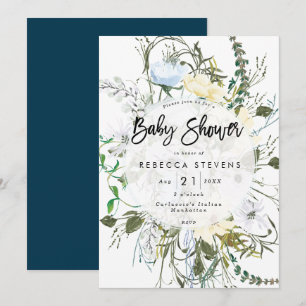 wild flowers floral navy baby shower invitation