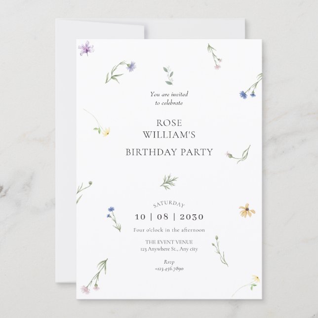 Wild flowers minimalist elegant birthday invitation (Front)
