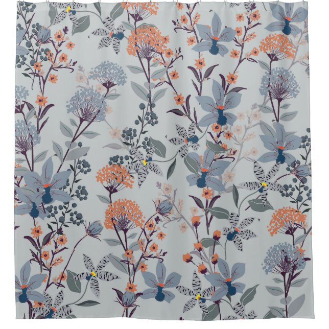 Wild flowers on blue, botanical pattern. (Front)