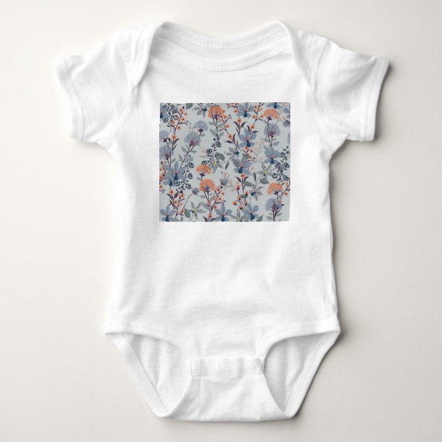 Wild flowers on blue, botanical pattern. baby bodysuit (Front)