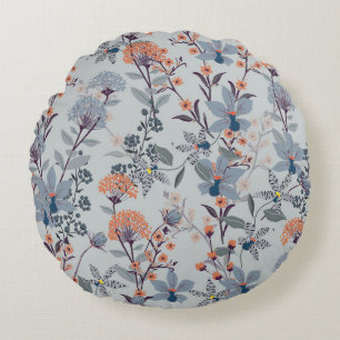 Wild flowers on blue, botanical pattern. round pillow
