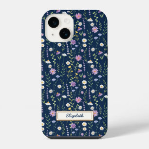 Wild Flowers Pattern Blue navy Background iPhone 14 Case