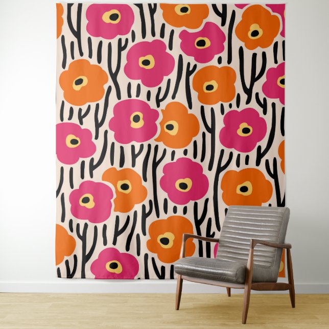 Wild Flowers Pattern Hot Pink and Orange Tapestry (In Situ)