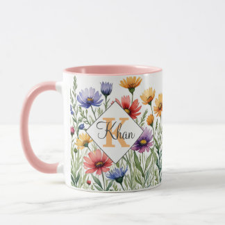 Wild flowers personalized name and initial letter mug