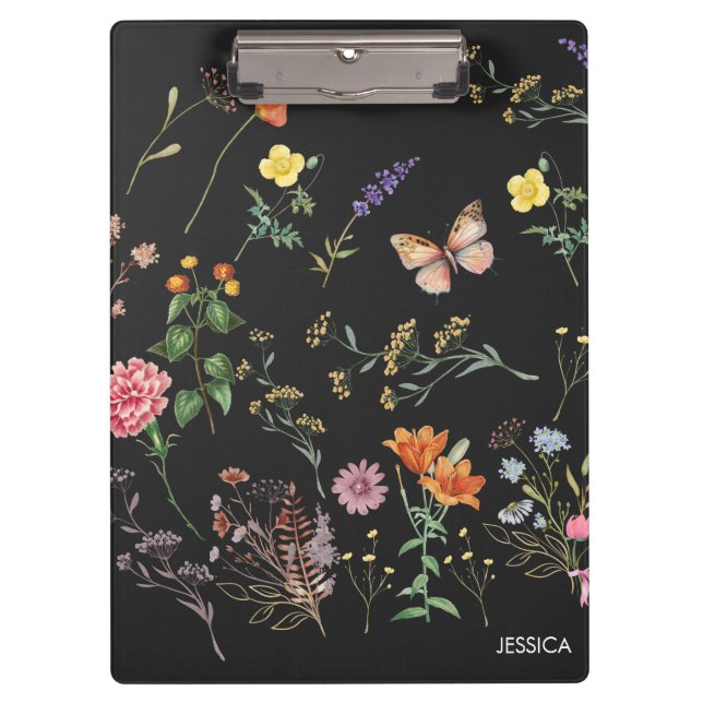 Wild Flowers Pressed Floral Black Name Clipboard (Front)