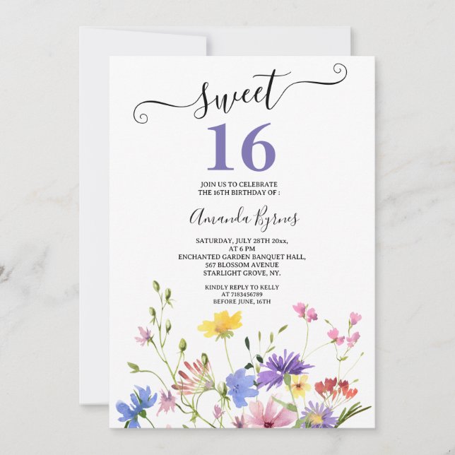 WILD FLOWERS PURPLE FLORAL MEADOW WATERCOLOR INVITATION (Front)