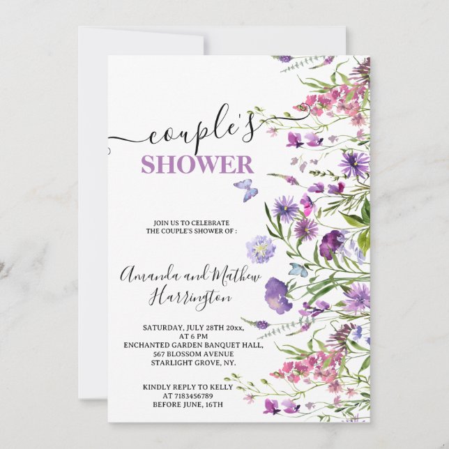 WILD FLOWERS PURPLE FLORAL MEADOW WATERCOLOR  INVITATION (Front)