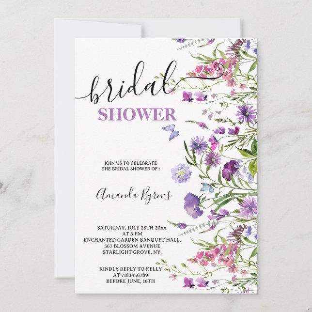 WILD FLOWERS PURPLE FLORAL MEADOW WATERCOLOR  INVITATION (Front)