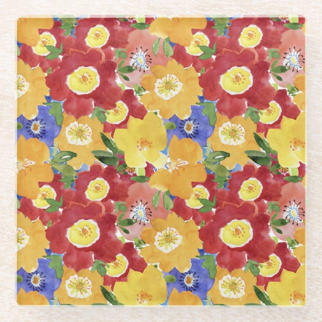Wild Flowers: Repeated Floral Seamless Glass Coaster (Front)