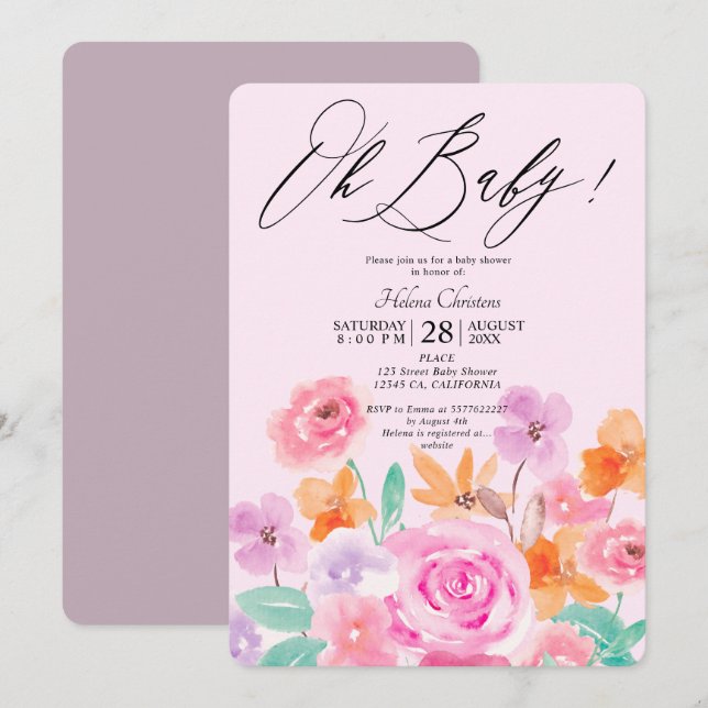 Wild flowers spring floral watercolor baby shower invitation (Front/Back)