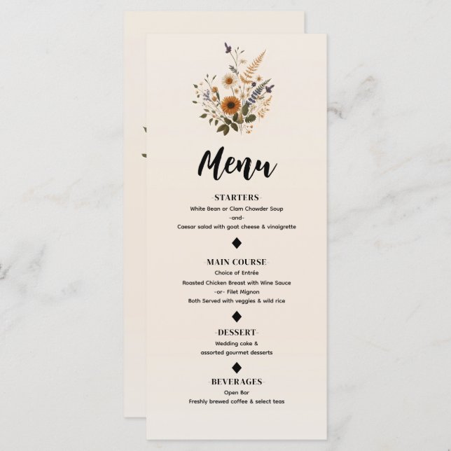 Wild Flowers Vintage Floral Bohemian Wedding Menu (Front/Back)