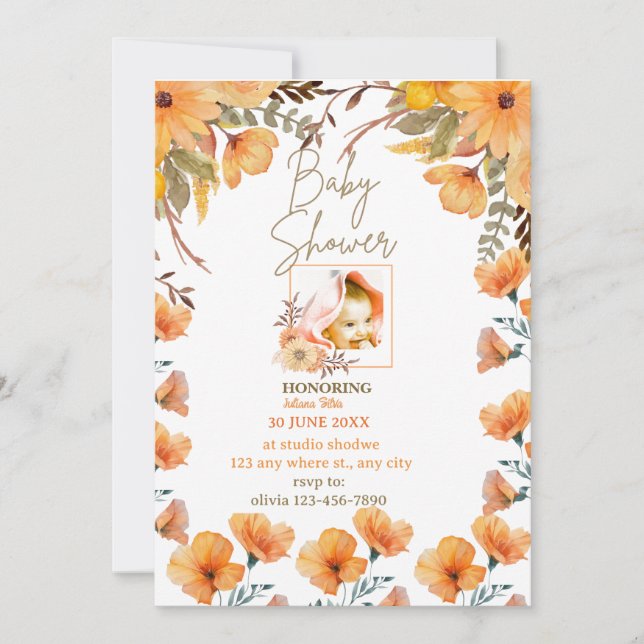 wild  flowers  yellow orange baby shower   invitation (Front)