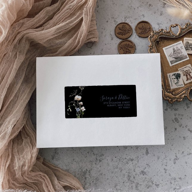 Wild Forest Floral Black Wedding RSVP Address   Label (Creator Uploaded)