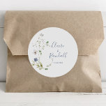 Wild Forest Floral Wedding   Classic Round Sticker<br><div class="desc">This wild forest floral wedding classic round sticker is perfect for a rustic wedding reception. This design features hand-painted watercolor white and blue wild forest flowers with green foliage.</div>