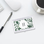 Wild Forest | Monogram Business Card Holder<br><div class="desc">Elegant botanical business card holder features your single initial monogram framed by a border of lush watercolor leaves in shades of hunter and forest green,  on a crisp white background. Matching business cards and accessories also available in our Wild Forest collection.</div>