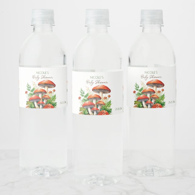 Wild forest mushrooms baby shower printed template water bottle label (Bottles)