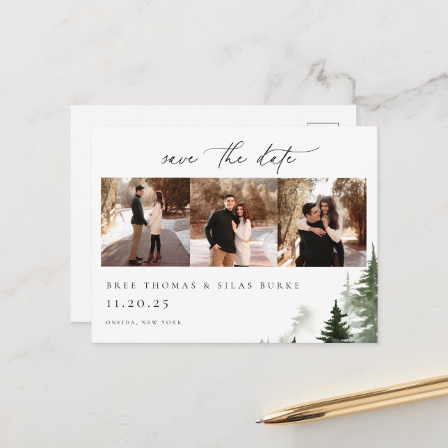 Wild Forest Pines 3 Photo Wedding Save the Date Postcard (Front/Back In Situ)