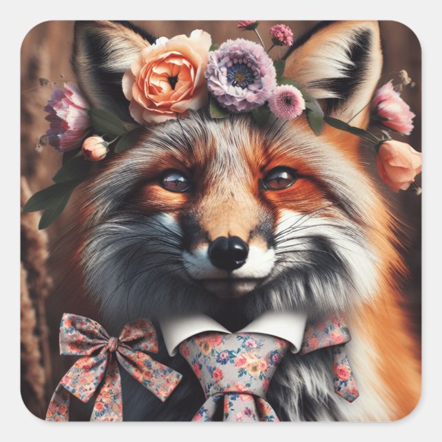 Wild fox wearing a tie cute  square sticker (Front)