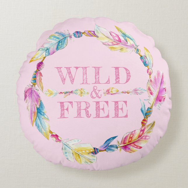 Wild & Free watercolor feather art pillow (Front)